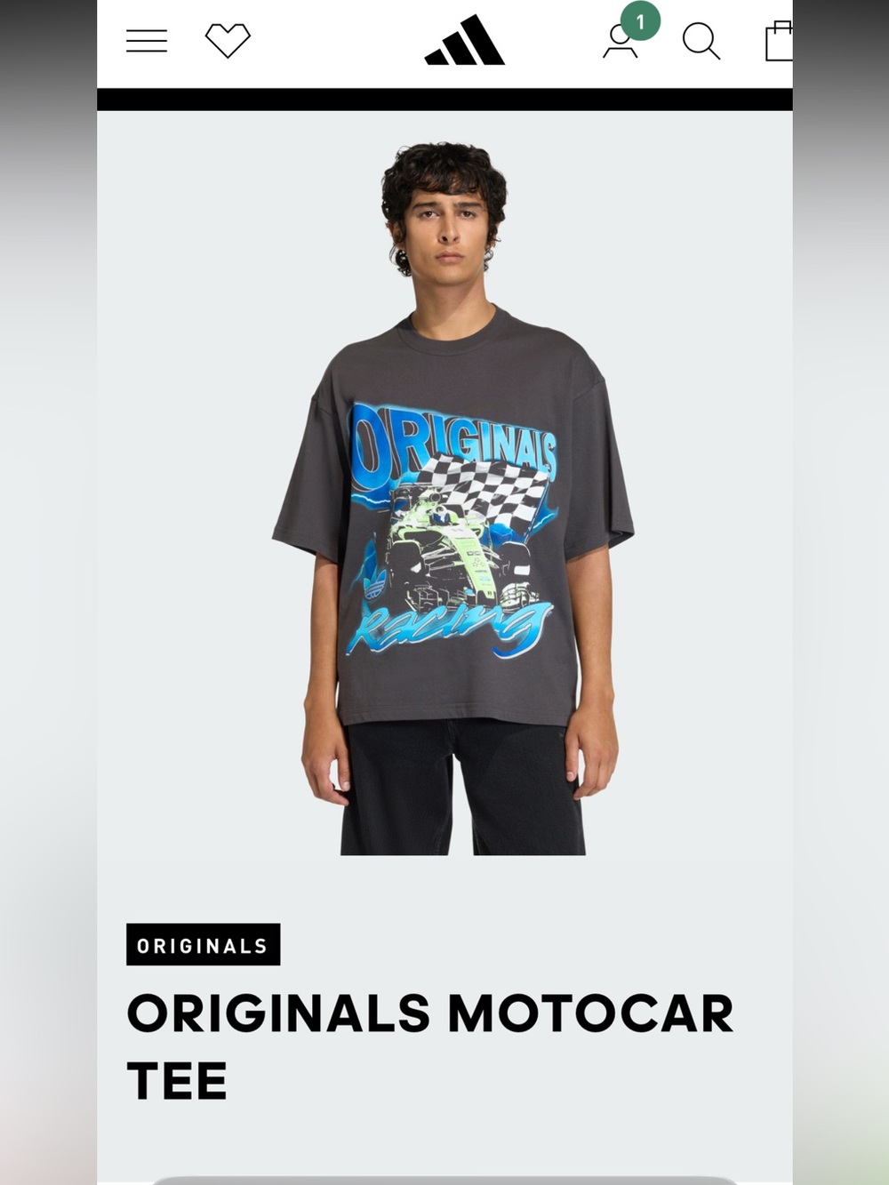 adidas Charcoal Racing Graphic Short Sleeve Tee with Blue & Neon Green Print